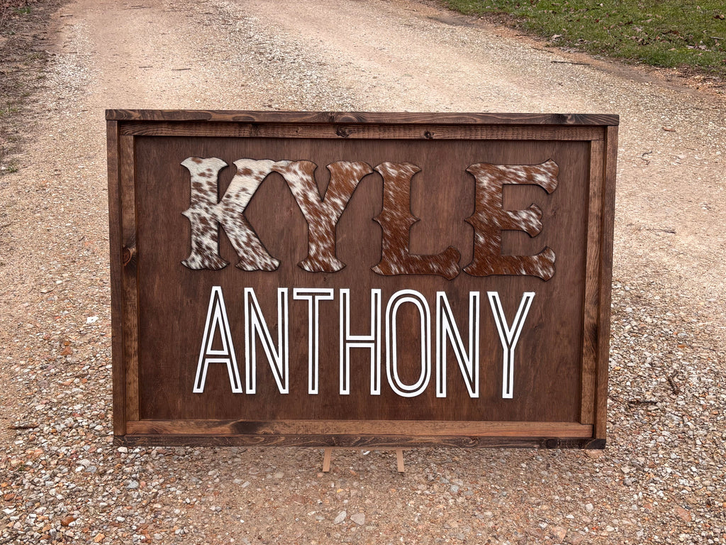 24” Cowhide Name Sign With Wooden Frame
