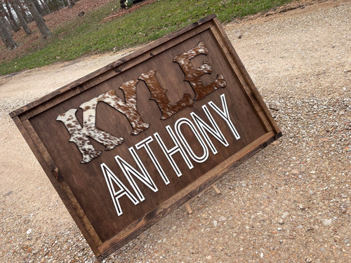 24” Cowhide Name Sign With Wooden Frame